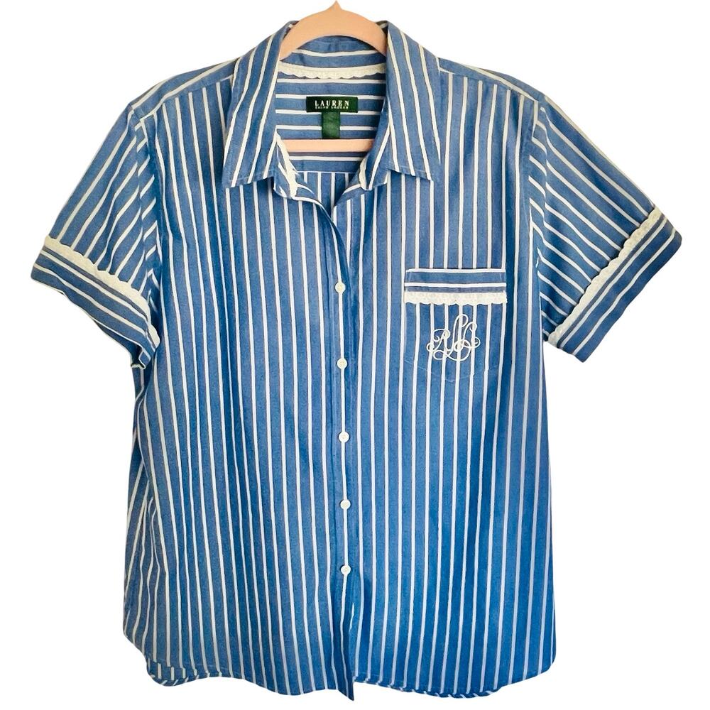 Lauren‎ Ralph Lauren Blue White Stripe Pajama Top Sz XL Lace Trim Classic Lounge